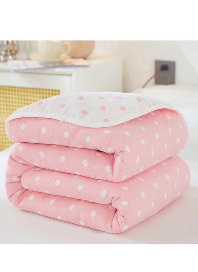 Cotton Throw Blanket, Double Size Thin Bed Blanket, 6 Layer Soft Cotton Yarn, For Sofa Bed Naps, 180x200cm, (Dot Pink)