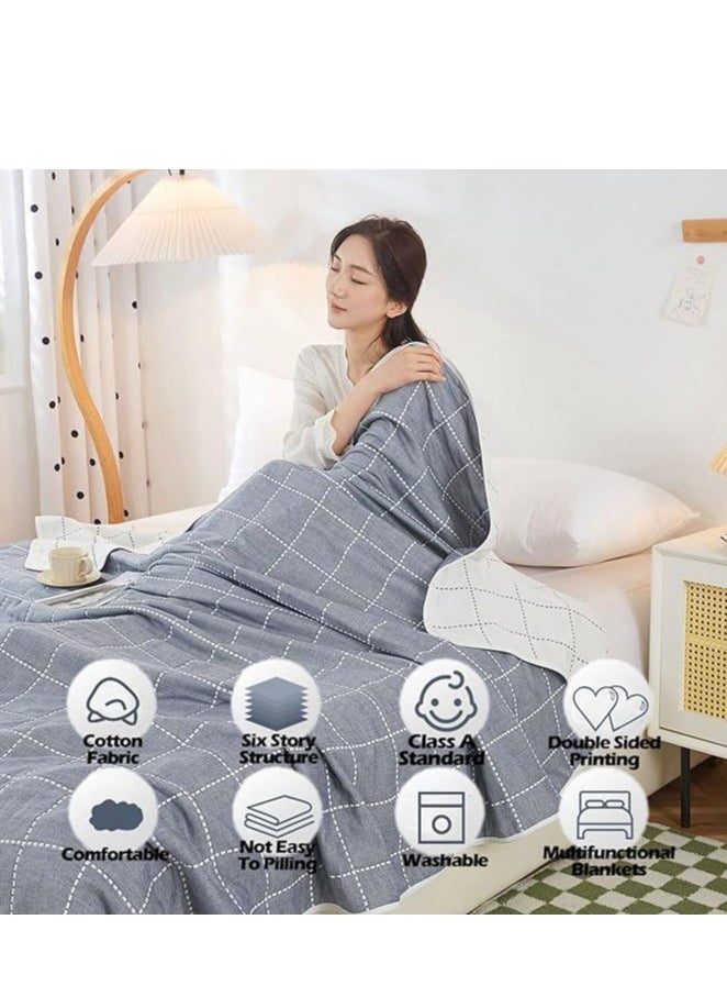 Cotton Throw Blanket, Double Size Thin Bed Blanket, 6 Layer Soft Cotton Yarn, For Sofa Bed Naps, 180x200cm, (Dotted Line Grey)