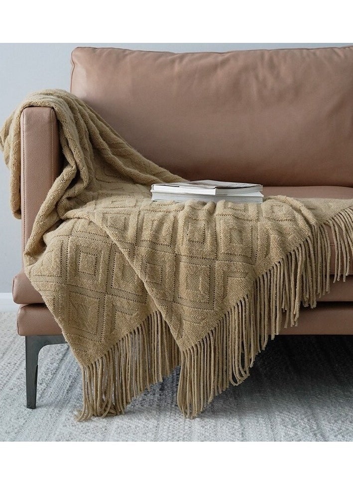 Jacquard knitted blanket bed tip towel sofa blanket Colour:Khaki Sizes:125 x 240 cm