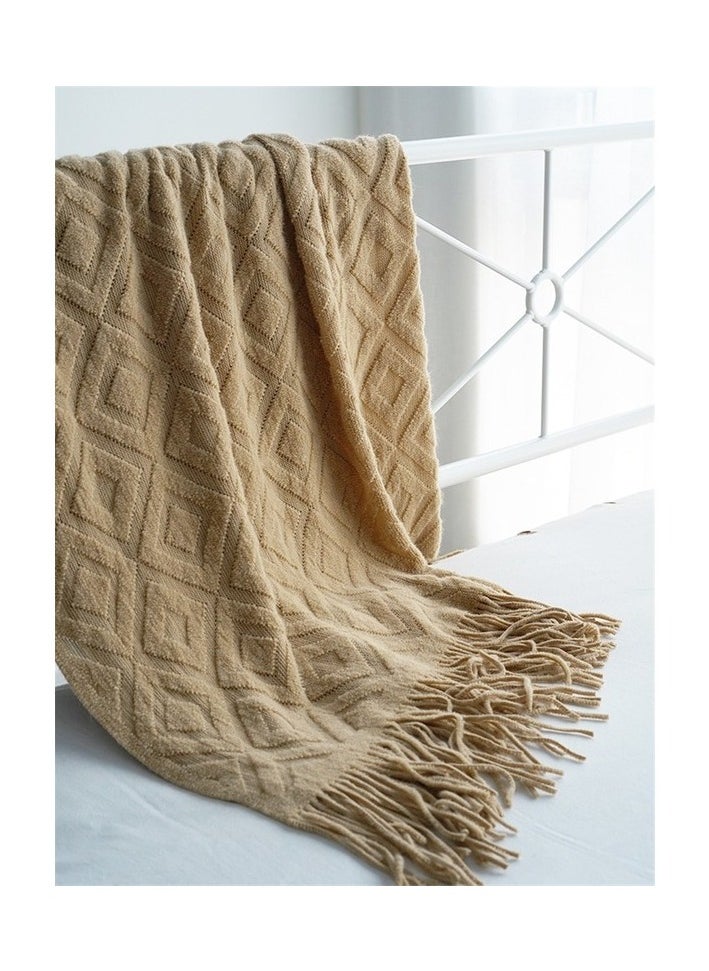 Jacquard knitted blanket bed tip towel sofa blanket Colour:Khaki Sizes:125 x 240 cm