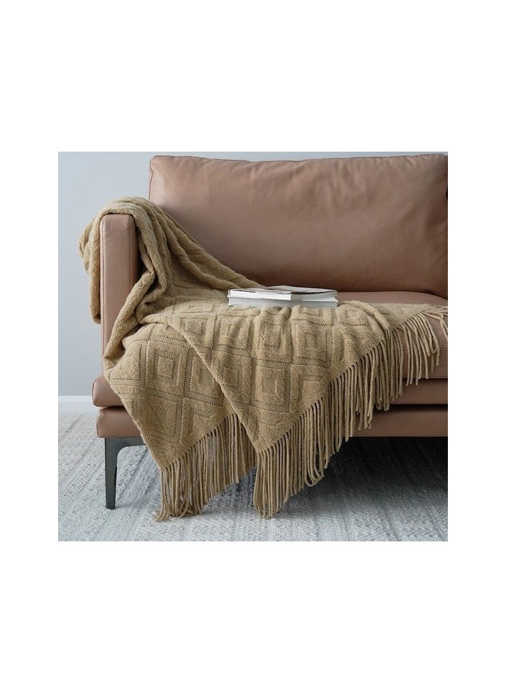 Jacquard knitted blanket bed tip towel sofa blanket Colour:Khaki Sizes:125 x 240 cm