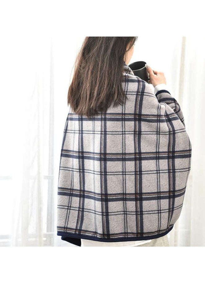 Fleece Wearable Blanket, Plaid Lap Blanket Comfy Poncho Throw With Buttons For Bed Sofa Office,(Grey)