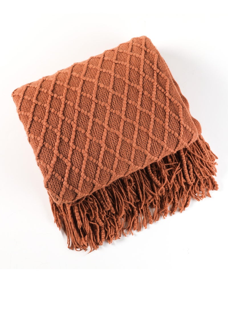 Tassel Design Geometrical Pattern Knitted Soft Throw Blanket Keep Warm Brick Red