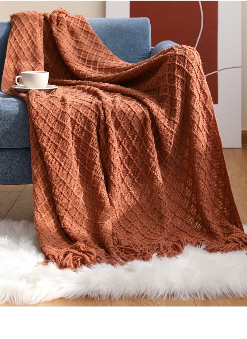 Tassel Design Geometrical Pattern Knitted Soft Throw Blanket Keep Warm Brick Red