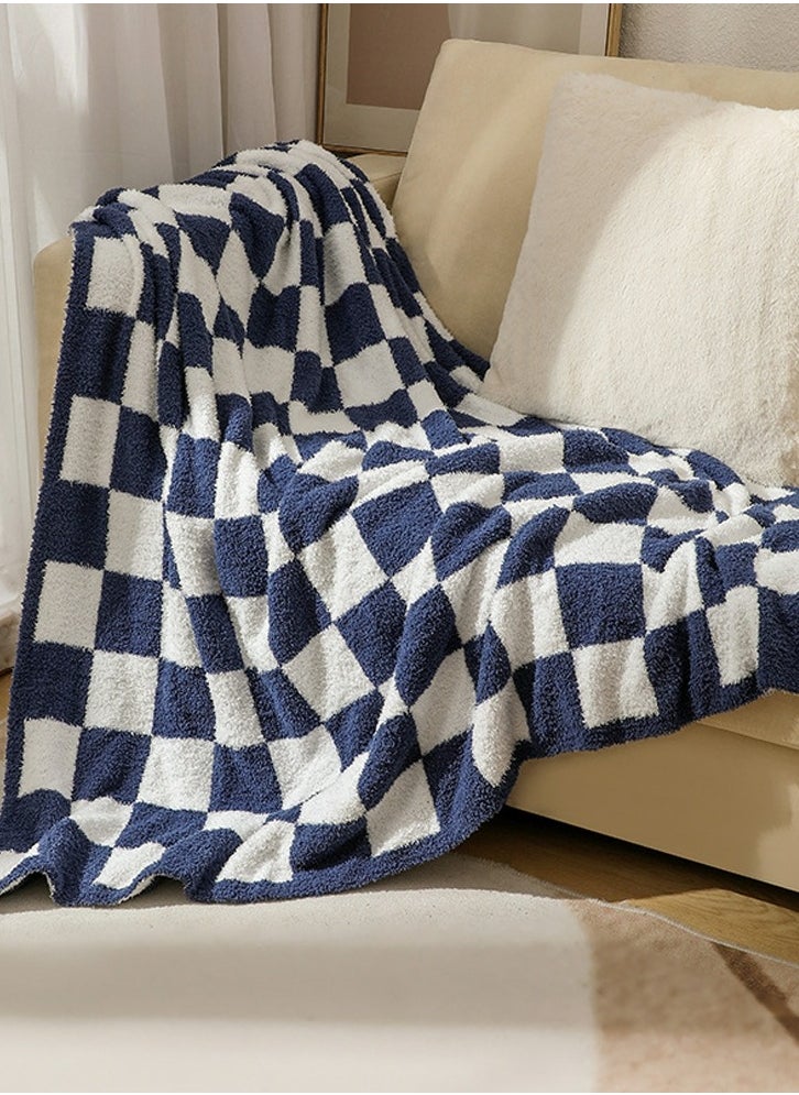 Checkerboard Pattern Soft Throw Blanket Keep Warm Navy Blue/White