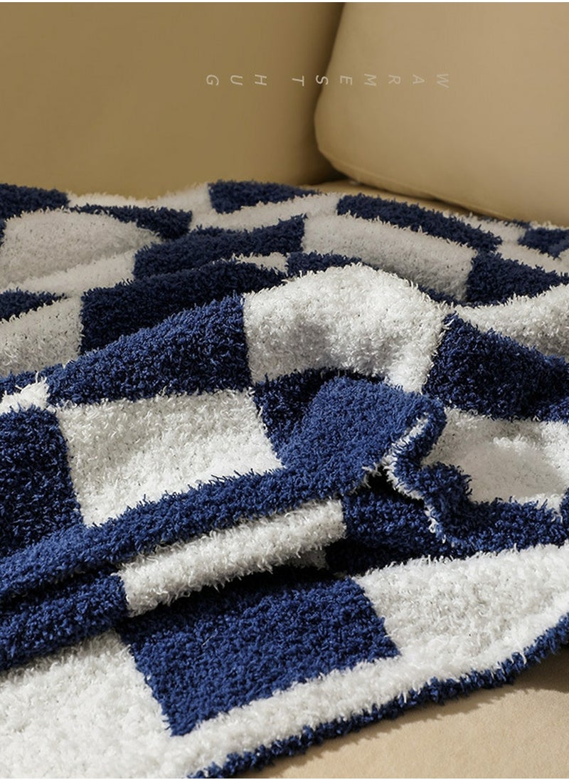 Checkerboard Pattern Soft Throw Blanket Keep Warm Navy Blue/White