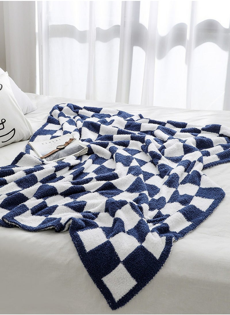 Checkerboard Pattern Soft Throw Blanket Keep Warm Navy Blue/White