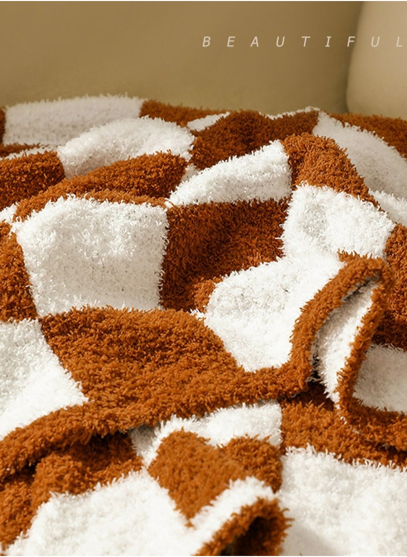 Checkerboard Pattern Soft Throw Blanket Keep Warm Caramel/White