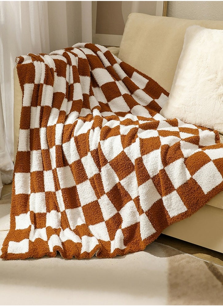 Checkerboard Pattern Soft Throw Blanket Keep Warm Caramel/White