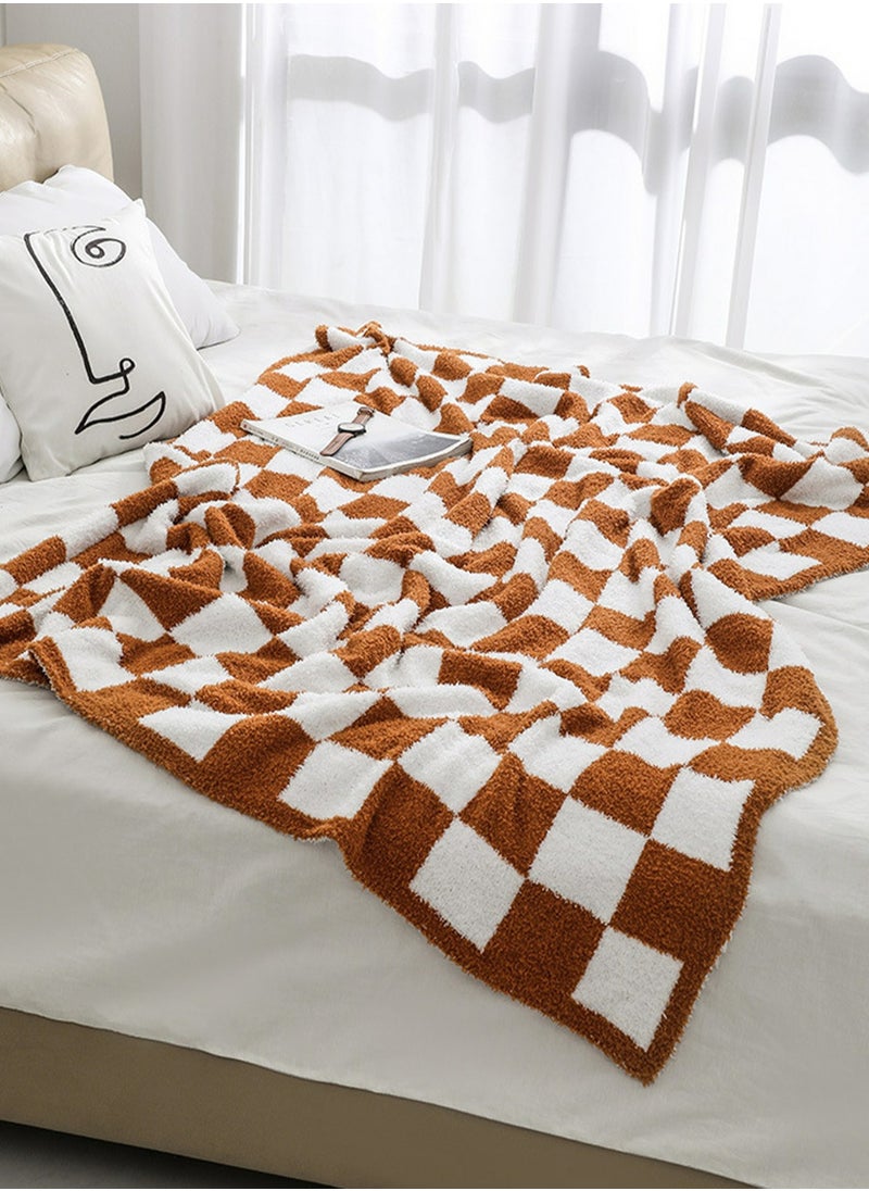 Checkerboard Pattern Soft Throw Blanket Keep Warm Caramel/White