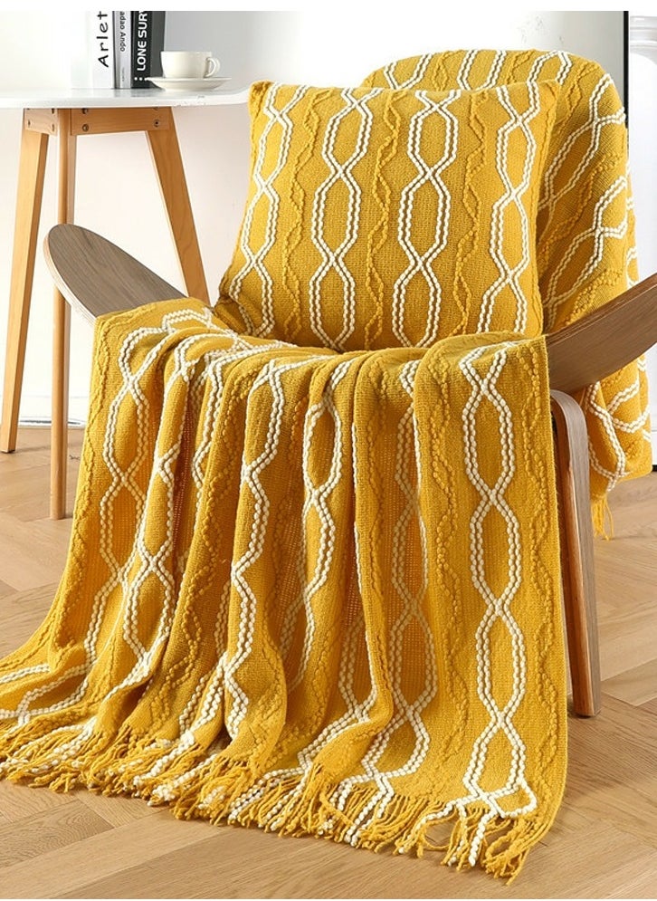 Bohemian Style Tassel Design Knitted Soft Throw Blanket Keep Warm Yellow/White