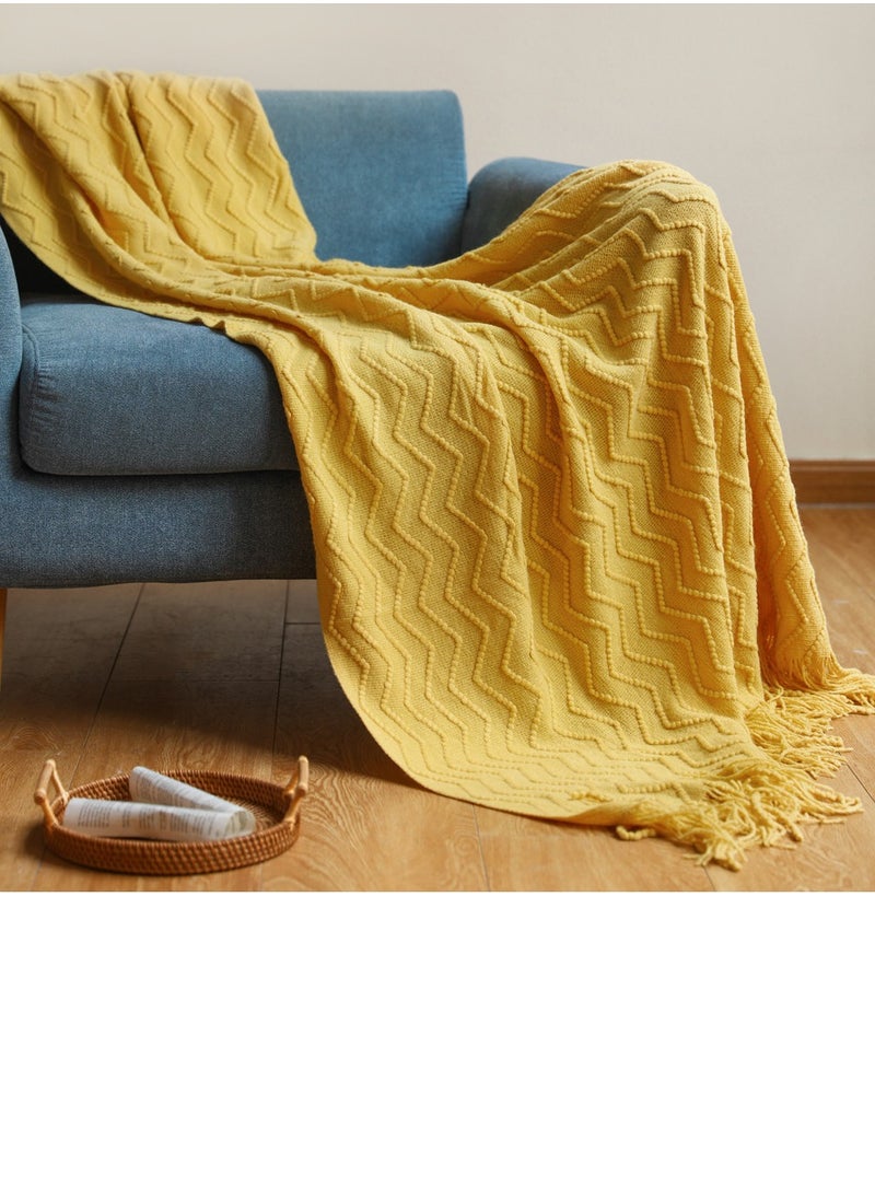 Tassel Design Textured Knitted Soft Throw Blanket Keep Warm Yellow