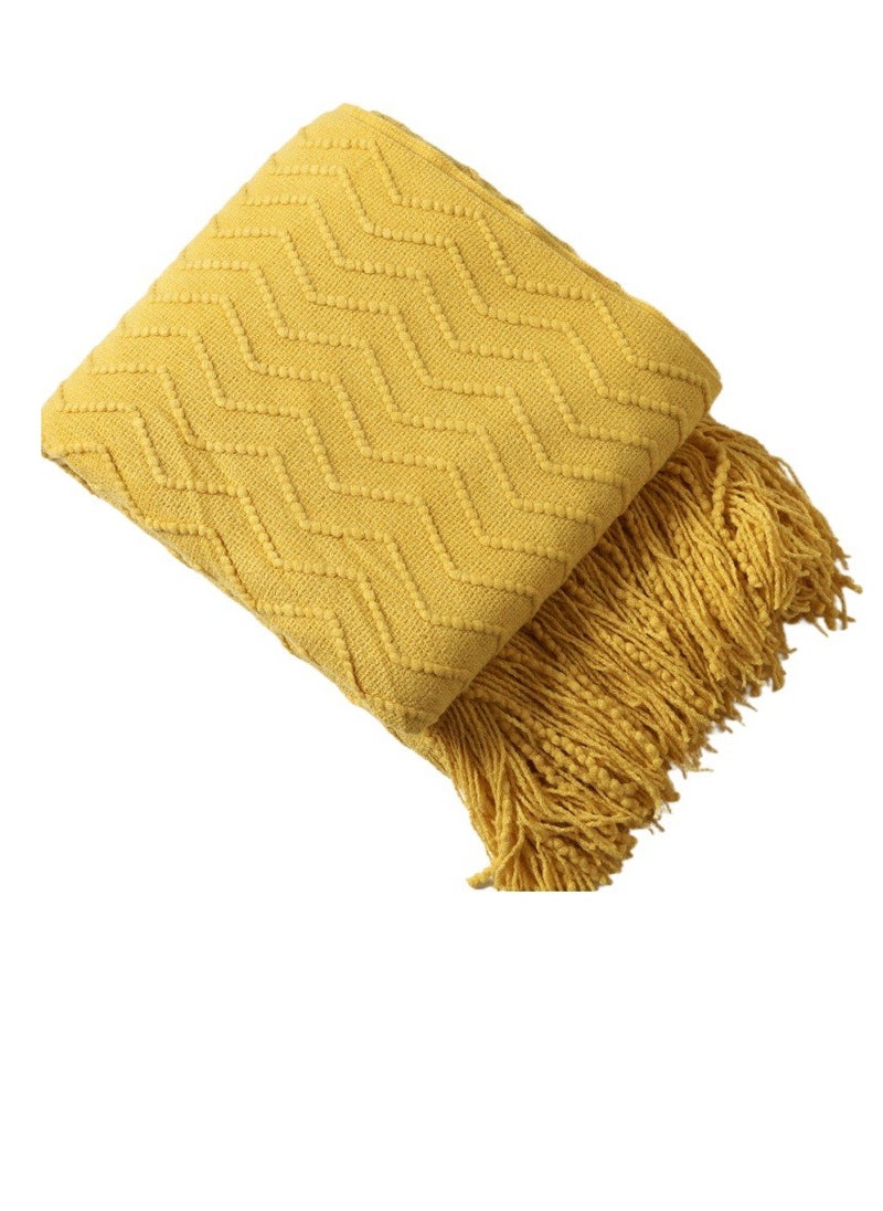 Tassel Design Textured Knitted Soft Throw Blanket Keep Warm Yellow