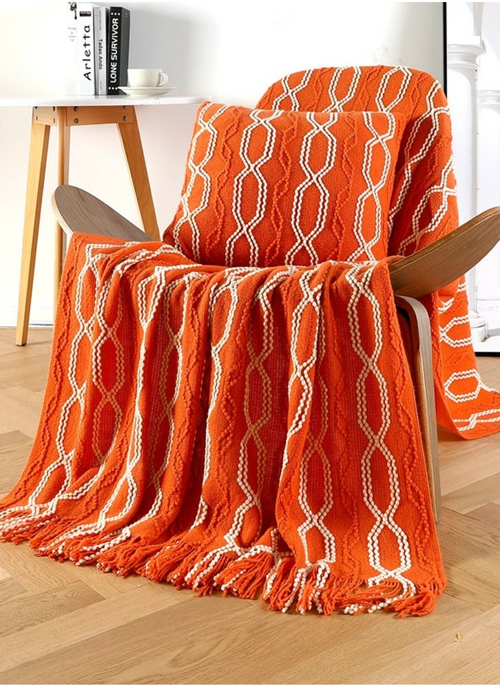 Bohemian Style Tassel Design Knitted Soft Throw Blanket Keep Warm Orange/White