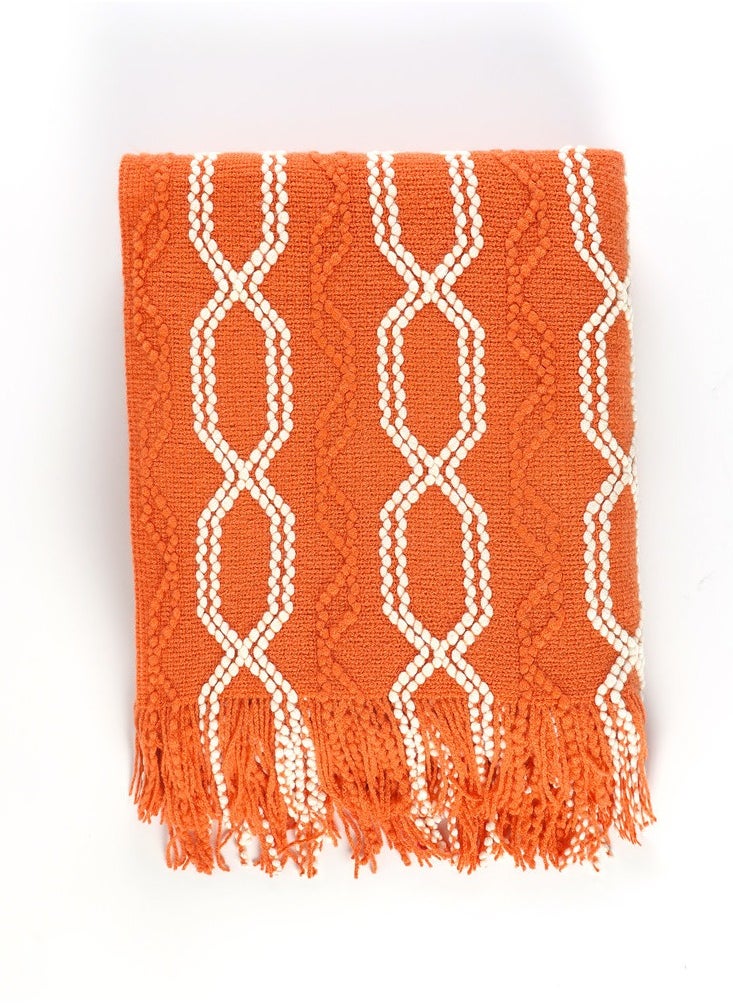 Bohemian Style Tassel Design Knitted Soft Throw Blanket Keep Warm Orange/White