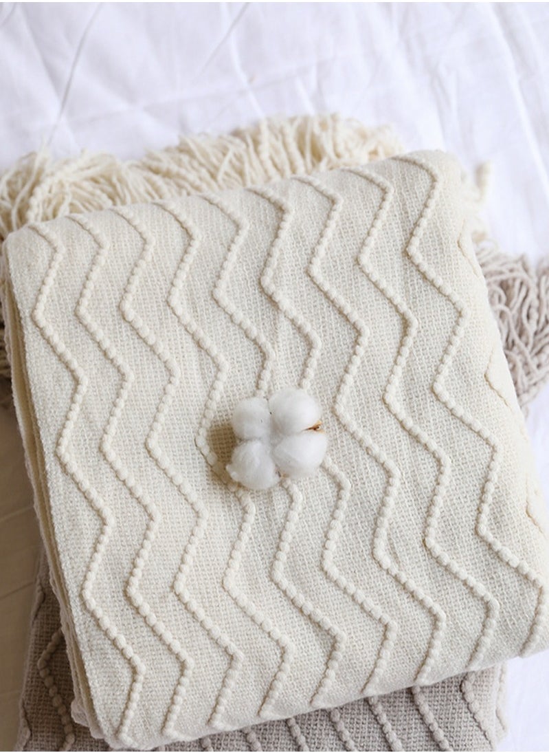 Tassel Design Textured Knitted Soft Throw Blanket Keep Warm White