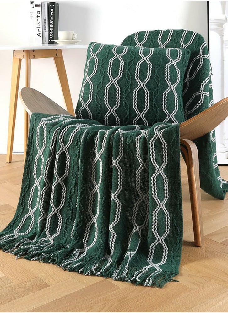 Bohemian Style Tassel Design Knitted Soft Throw Blanket Keep Warm Dark Green/White