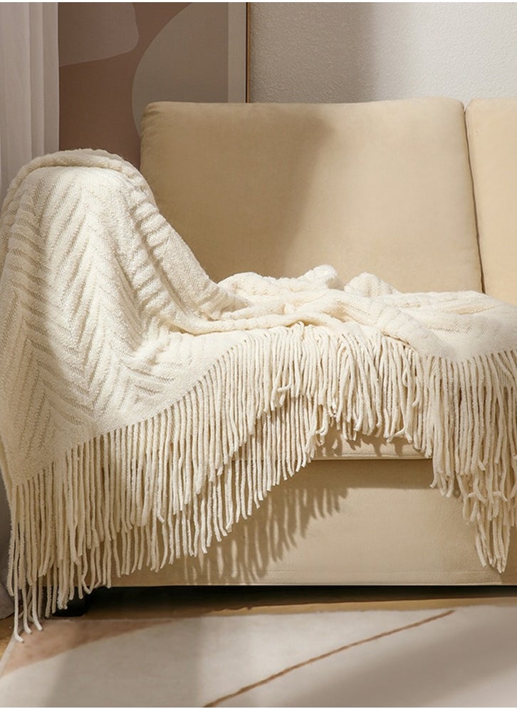 Tassel Design Knitted Textured Soft Throw Blanket Keep Warm Cream White