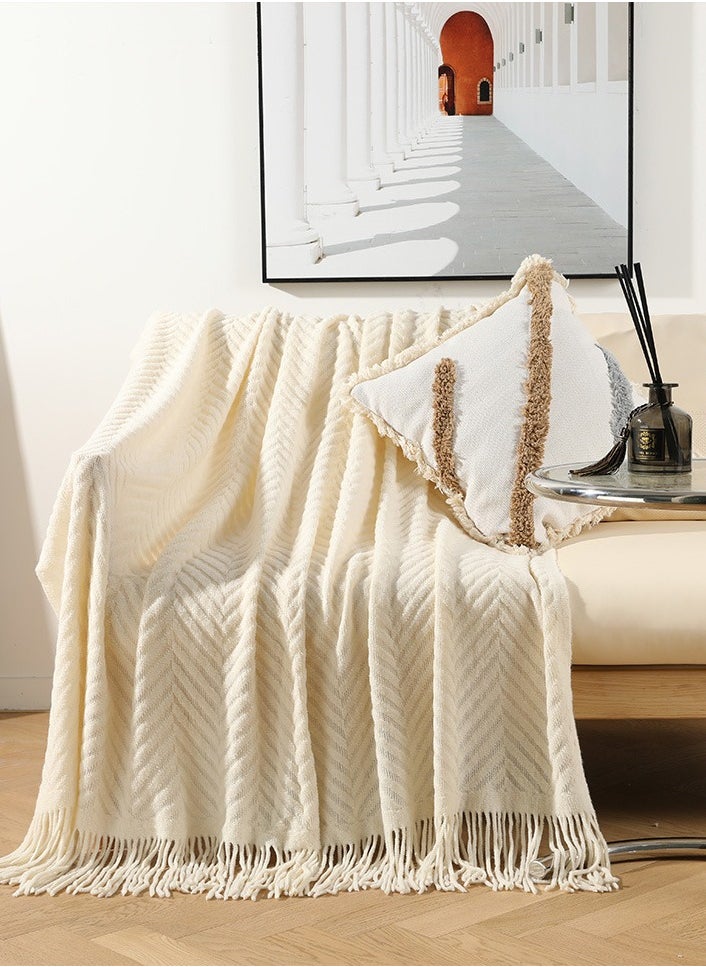 Tassel Design Knitted Textured Soft Throw Blanket Keep Warm Cream White