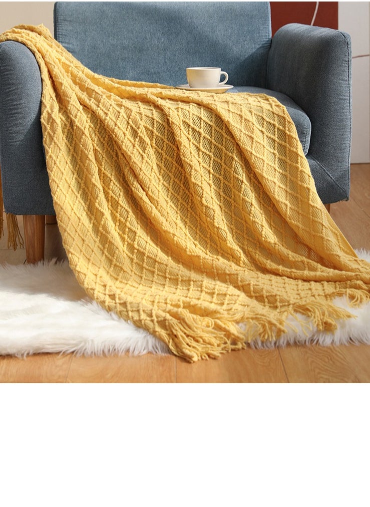 Tassel Design Geometrical Pattern Knitted Soft Throw Blanket Keep Warm Yellow