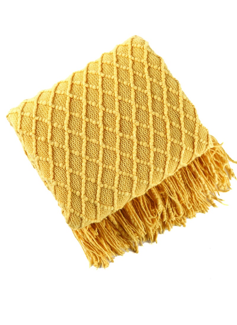 Tassel Design Geometrical Pattern Knitted Soft Throw Blanket Keep Warm Yellow