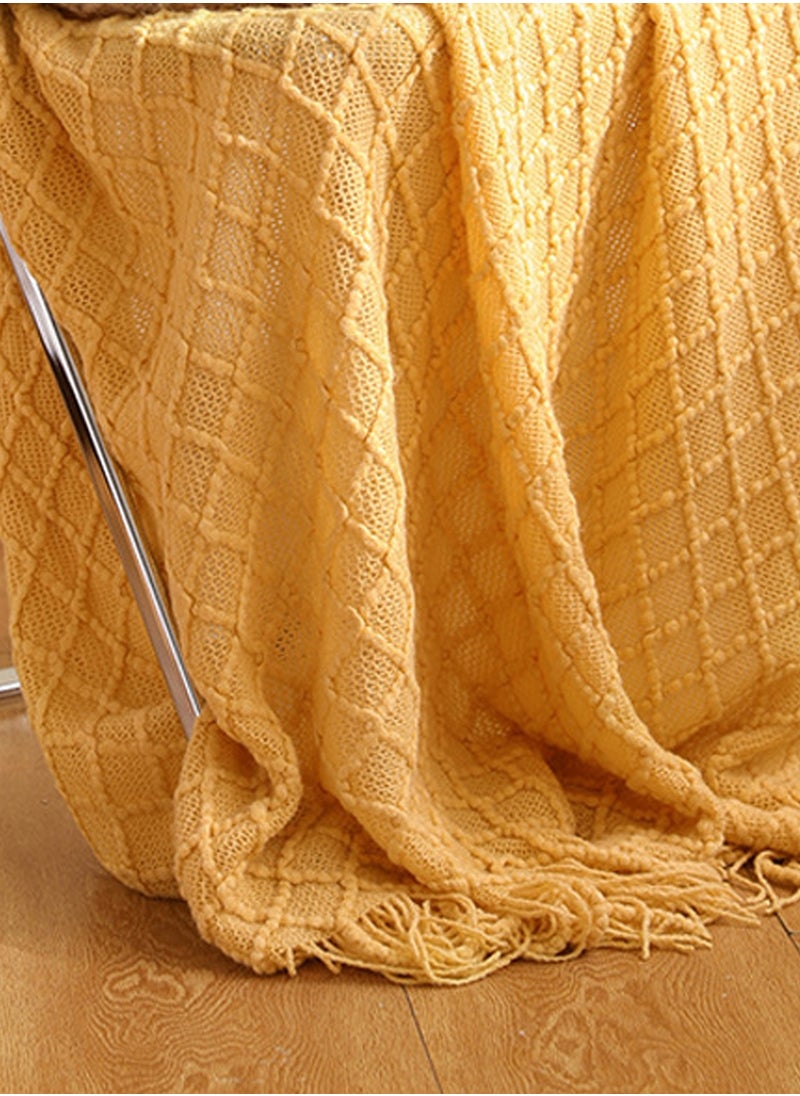 Tassel Design Geometrical Pattern Knitted Soft Throw Blanket Keep Warm Yellow