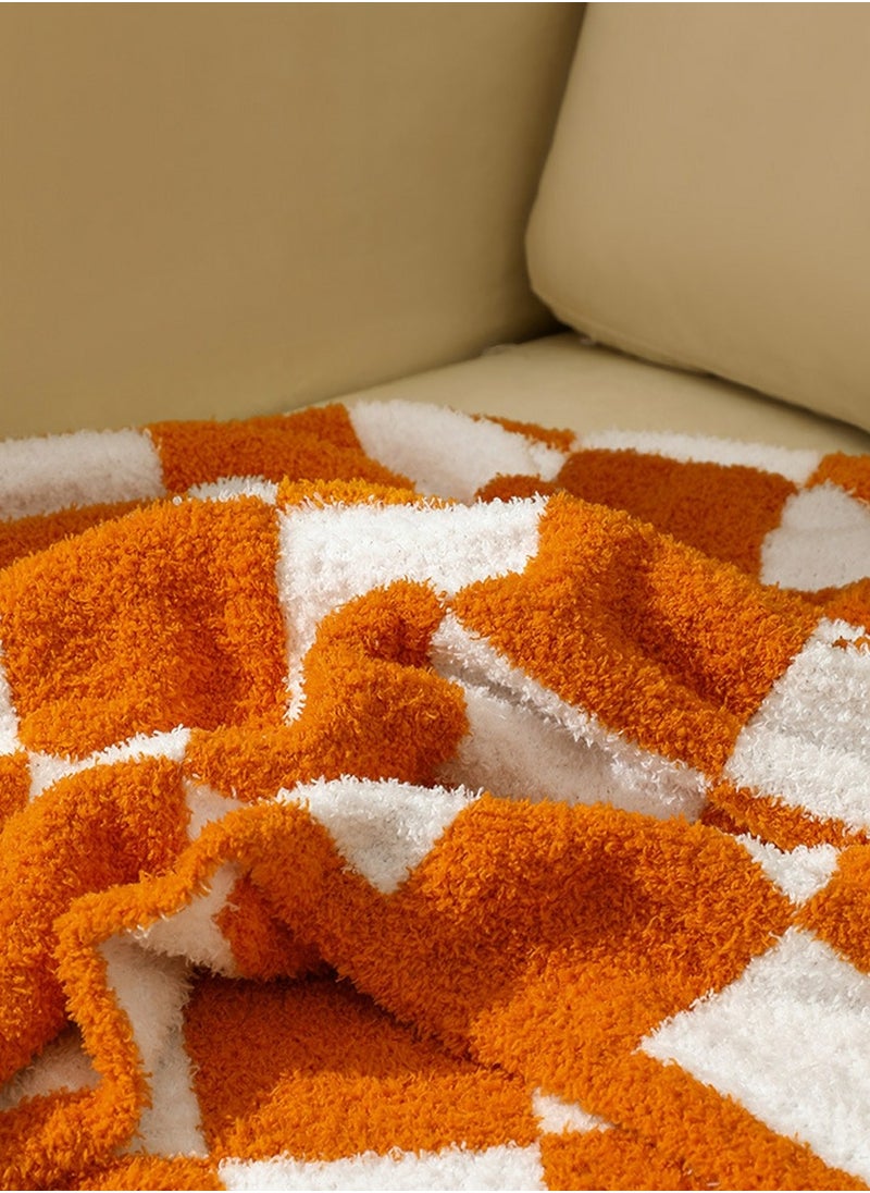 Checkerboard Pattern Soft Throw Blanket Keep Warm Orange/White