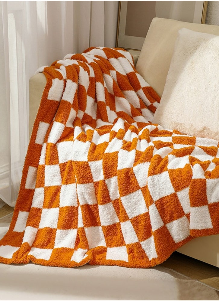 Checkerboard Pattern Soft Throw Blanket Keep Warm Orange/White