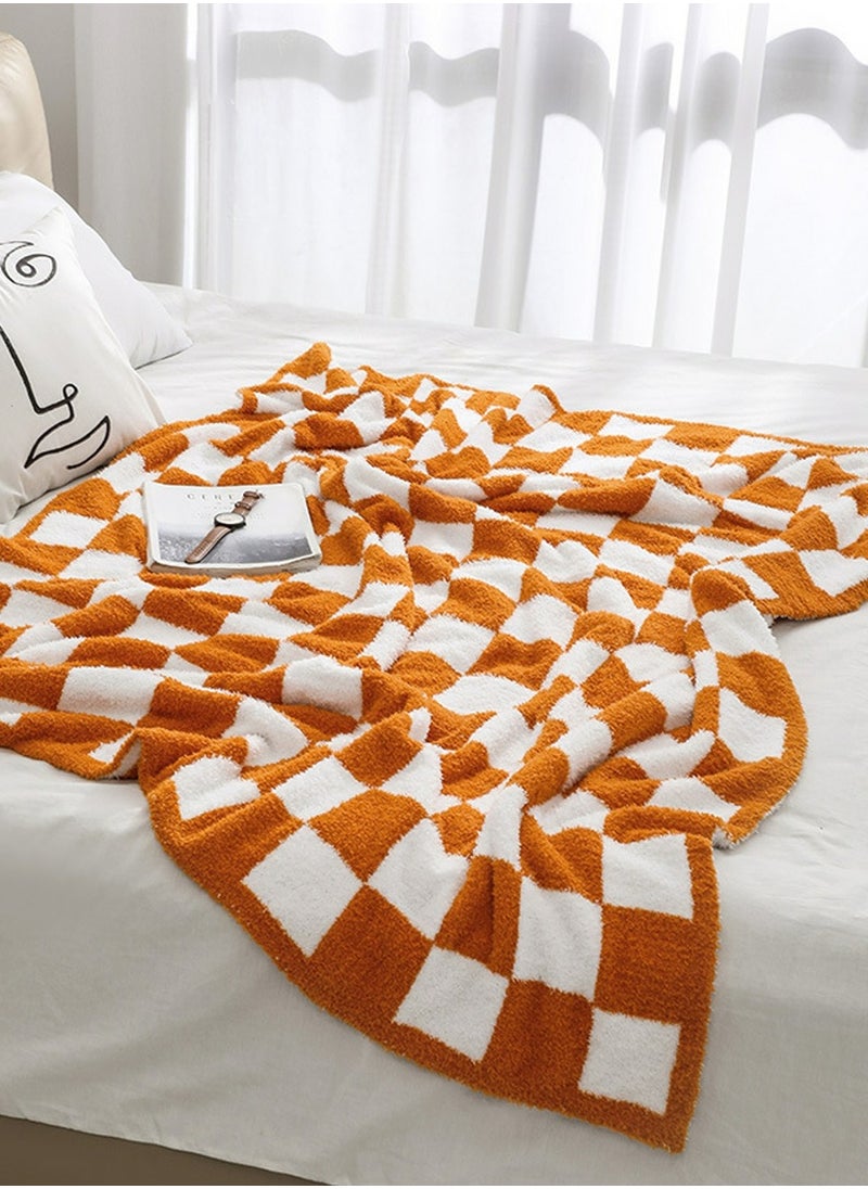 Checkerboard Pattern Soft Throw Blanket Keep Warm Orange/White