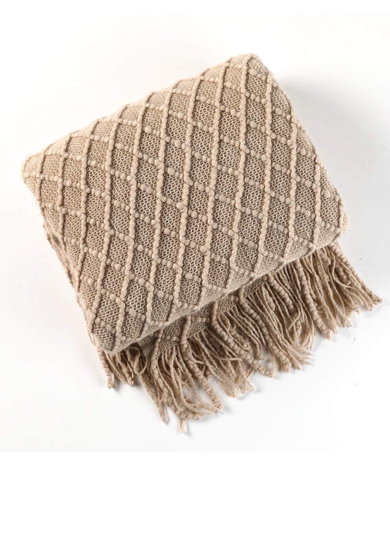 Tassel Design Geometrical Pattern Knitted Soft Throw Blanket Keep Warm Khaki