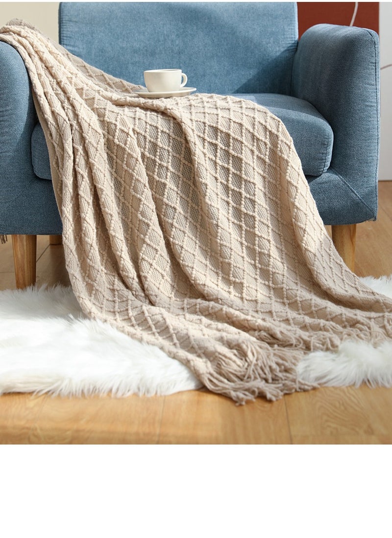 Tassel Design Geometrical Pattern Knitted Soft Throw Blanket Keep Warm Khaki