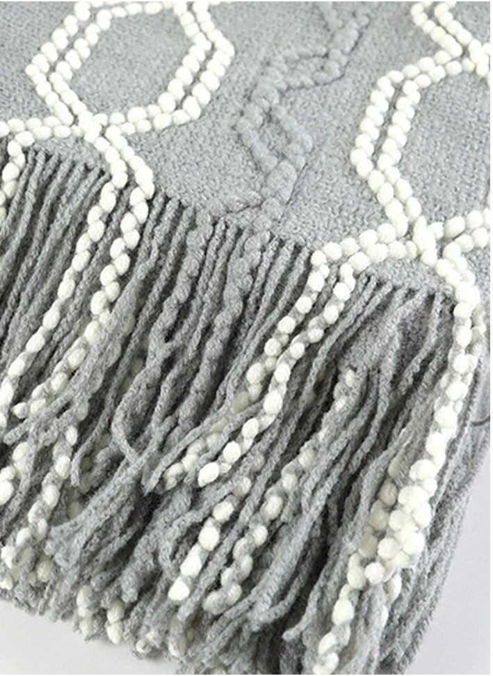 Bohemian Style Tassel Design Knitted Soft Throw Blanket Keep Warm Grey/White