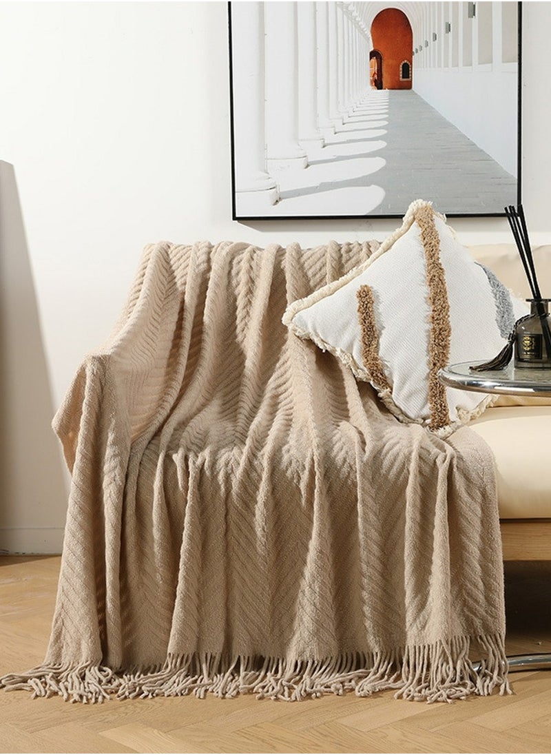 Tassel Design Knitted Textured Soft Throw Blanket Keep Warm Khaki