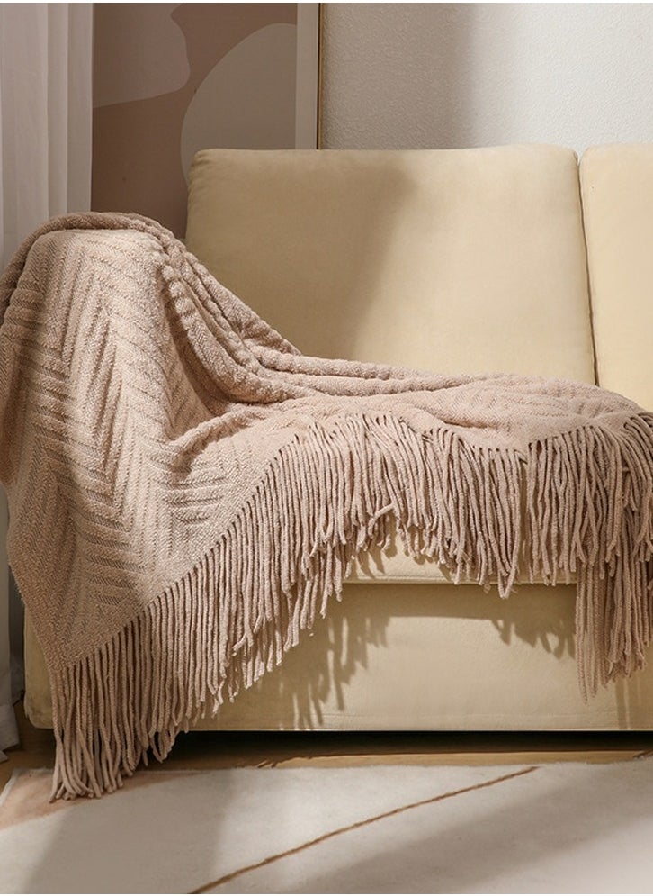 Tassel Design Knitted Textured Soft Throw Blanket Keep Warm Khaki