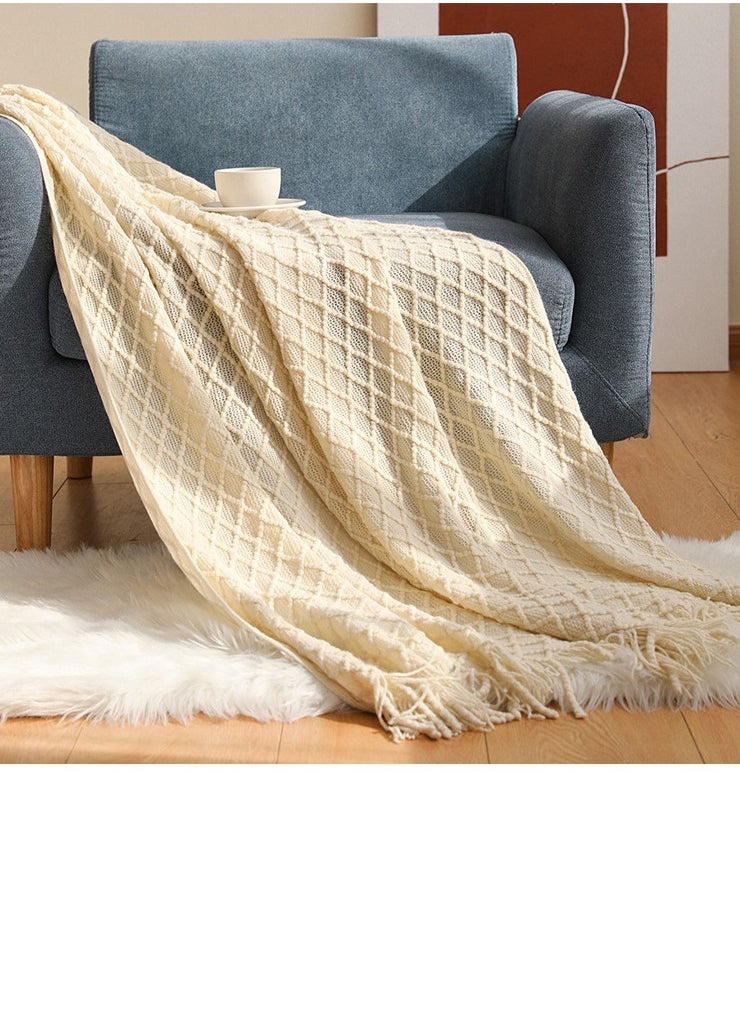 Tassel Design Geometrical Pattern Knitted Soft Throw Blanket Keep Warm Beige