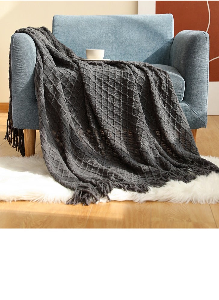 Tassel Design Geometrical Pattern Knitted Soft Throw Blanket Keep Warm Grey