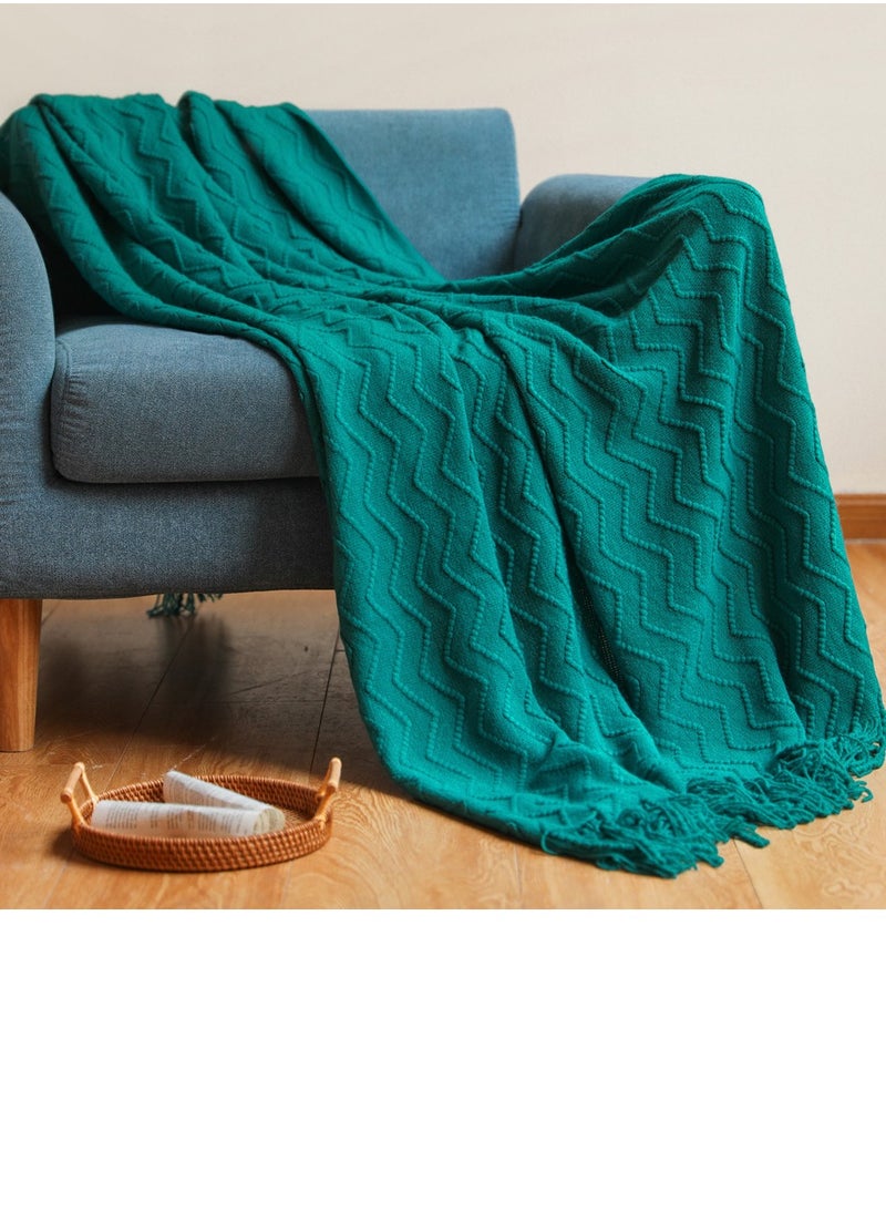 Tassel Design Textured Knitted Soft Throw Blanket Keep Warm Bluish Green