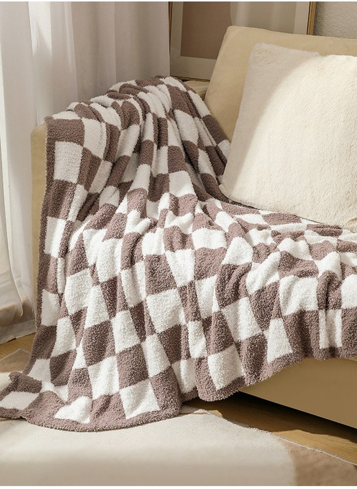 Checkerboard Pattern Soft Throw Blanket Keep Warm Khaki/White