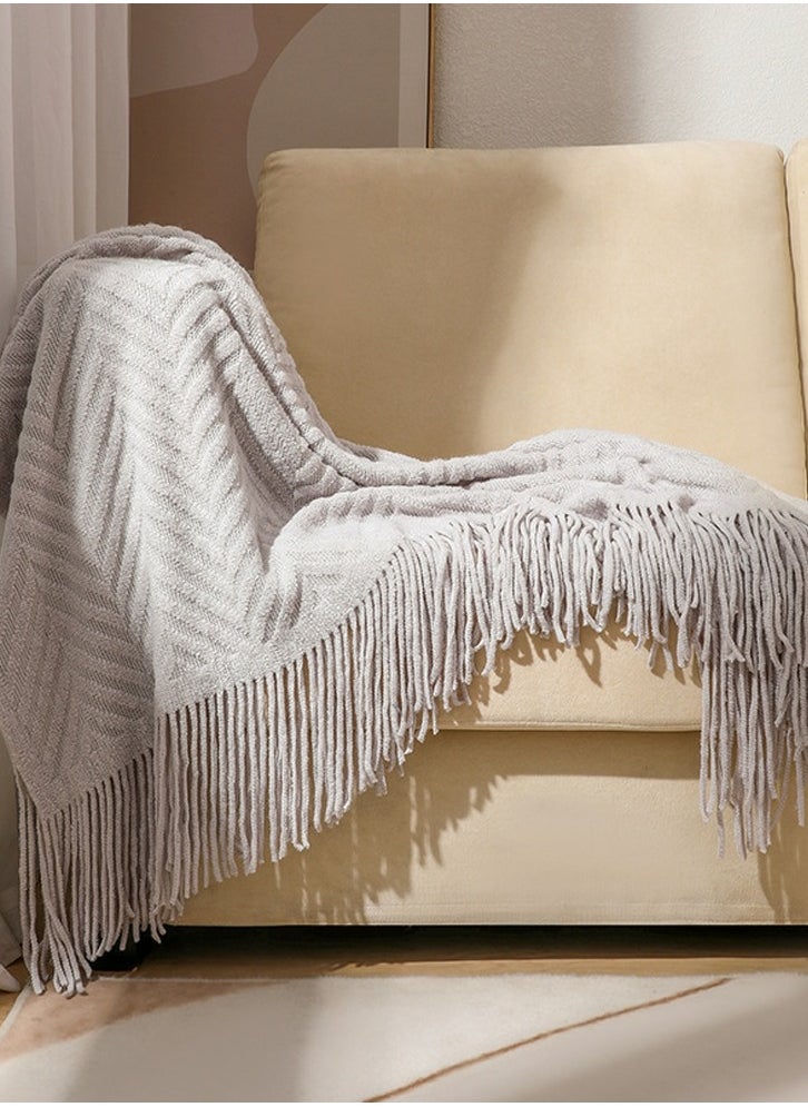 Tassel Design Knitted Textured Soft Throw Blanket Keep Warm Light Grey