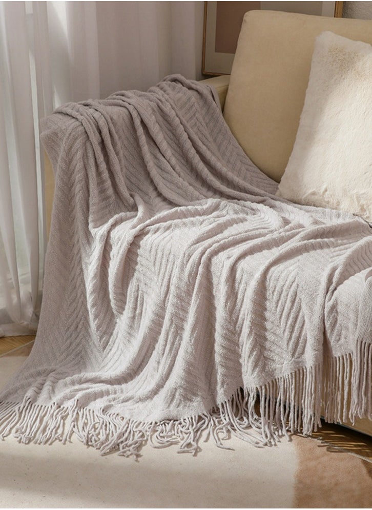 Tassel Design Knitted Textured Soft Throw Blanket Keep Warm Light Grey