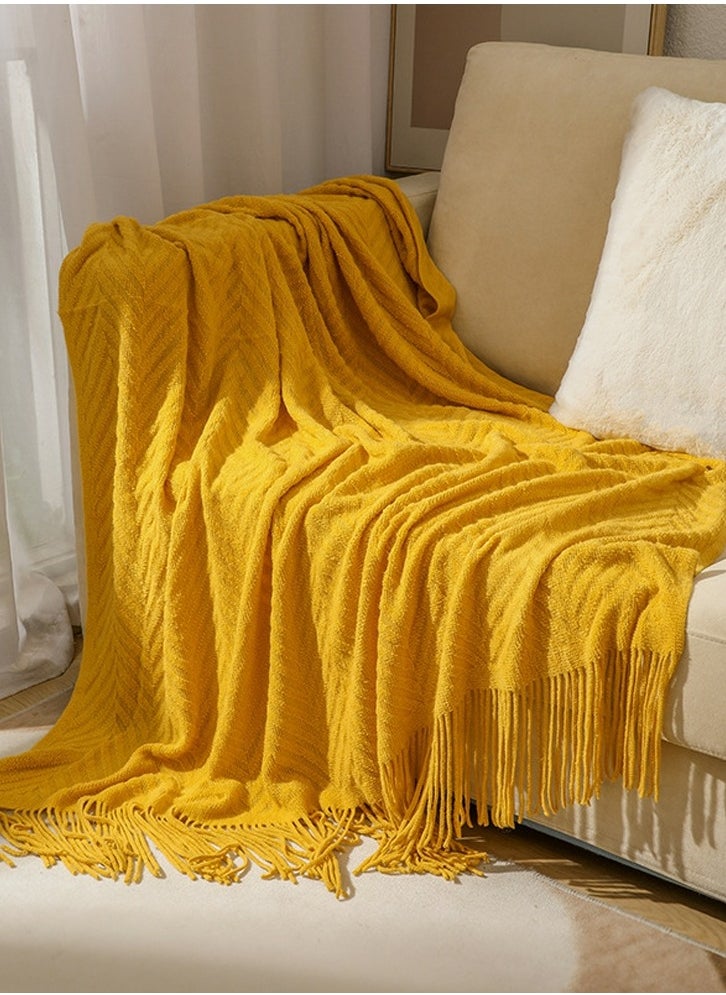 Tassel Design Knitted Textured Soft Throw Blanket Keep Warm Yellow