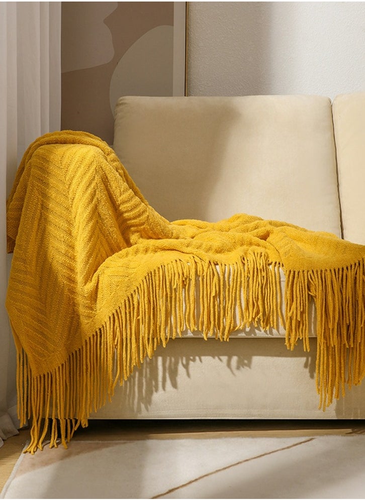 Tassel Design Knitted Textured Soft Throw Blanket Keep Warm Yellow