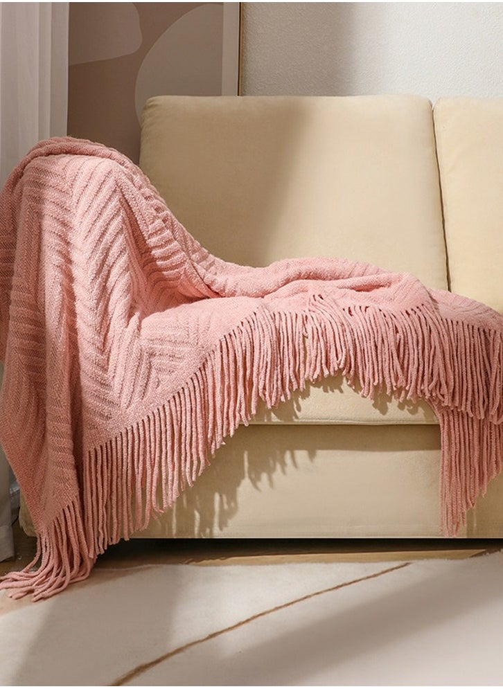 Tassel Design Knitted Textured Soft Throw Blanket Keep Warm Pink