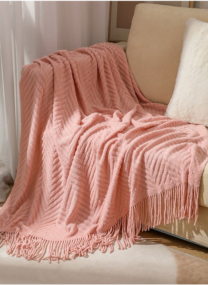 Tassel Design Knitted Textured Soft Throw Blanket Keep Warm Pink