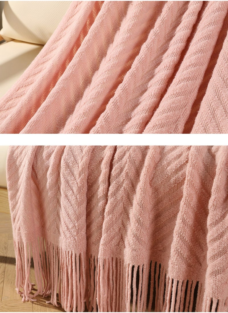 Tassel Design Knitted Textured Soft Throw Blanket Keep Warm Pink