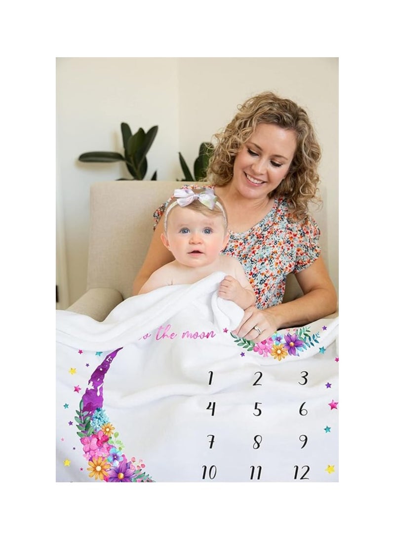 Baby Milestone Blanket For Newborn Photoshoot–Large 150 x 100 cm Moon And Floral Design Swaddle Blanket–Perfect For Baby Birthday–Monthly Age Milestone Photography Prop For Girls