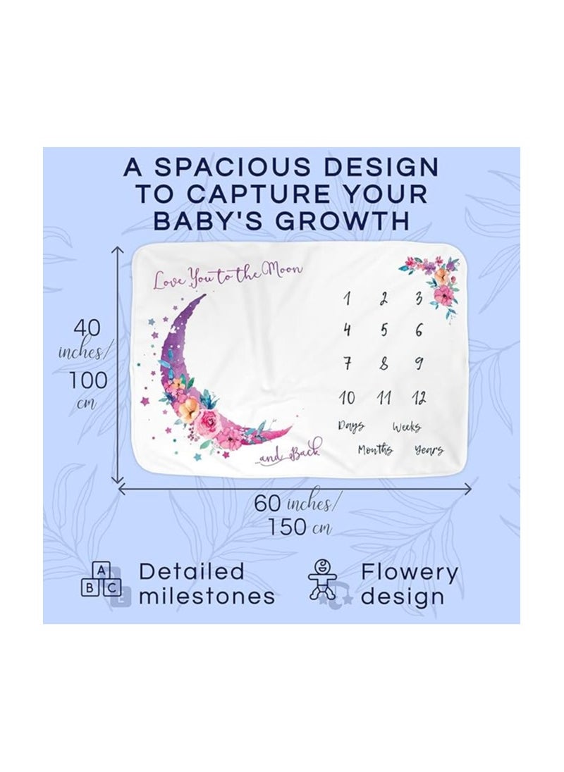 Baby Milestone Blanket For Newborn Photoshoot–Large 150 x 100 cm Moon And Floral Design Swaddle Blanket–Perfect For Baby Birthday–Monthly Age Milestone Photography Prop For Girls