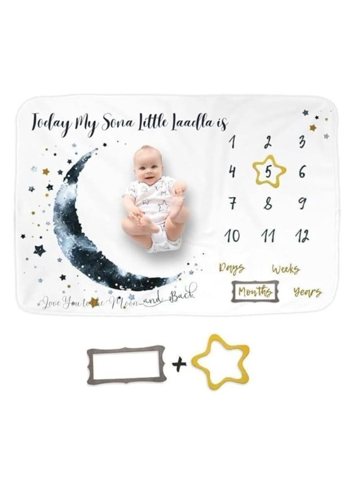 Baby Milestone Blanket For Newborn Photoshoot–Large 150 x 100 Cm Moon And Stars Design Blanket–Perfect For Baby Birthday–Monthly Age Milestone Photography Prop For Boys