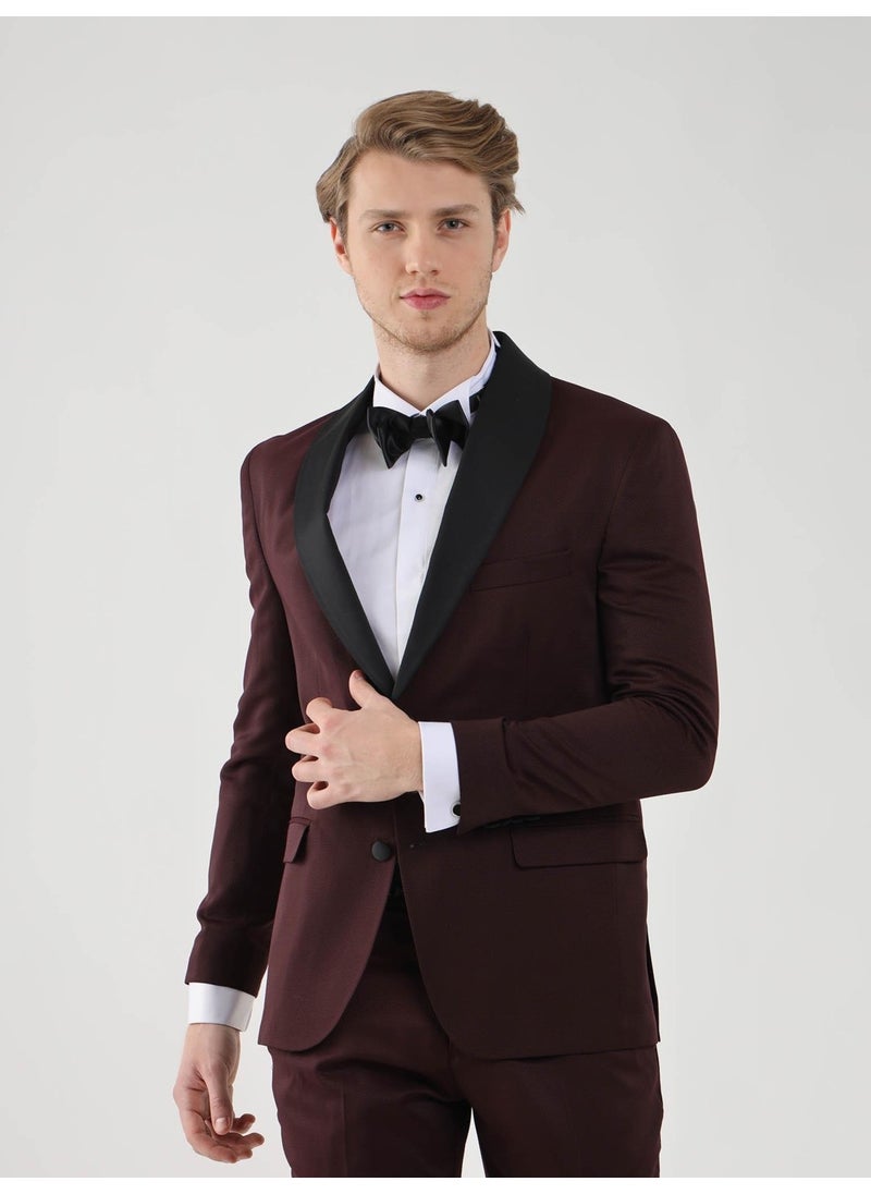 Claret Red Men's Slim Fit Pointed Collar Tuxedo Suit