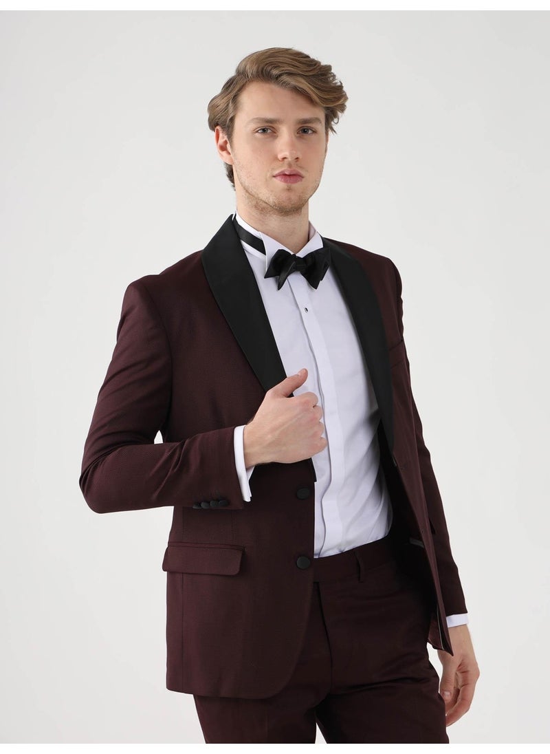 Claret Red Men's Slim Fit Pointed Collar Tuxedo Suit